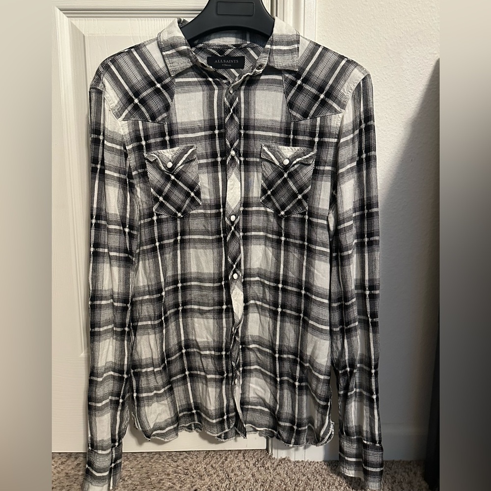 AllSaints Men’s Plaid Western White Black Shirt XS New Without Tags